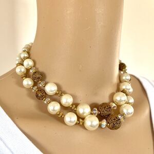 Vintage Lisner Choker Necklace Faux Pearl AB Glass Bead 17in Two Strands